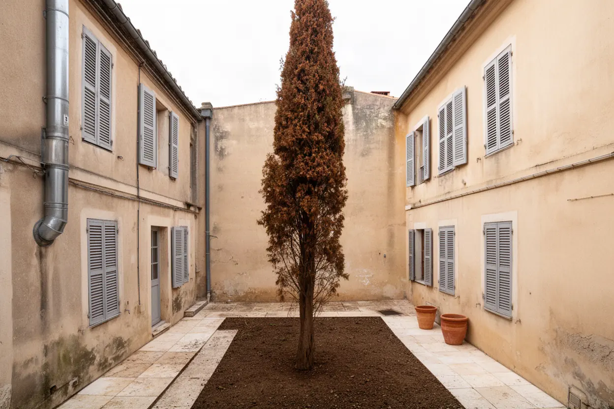 Cyprès dangereux avant démontage dans une cour de Marseille