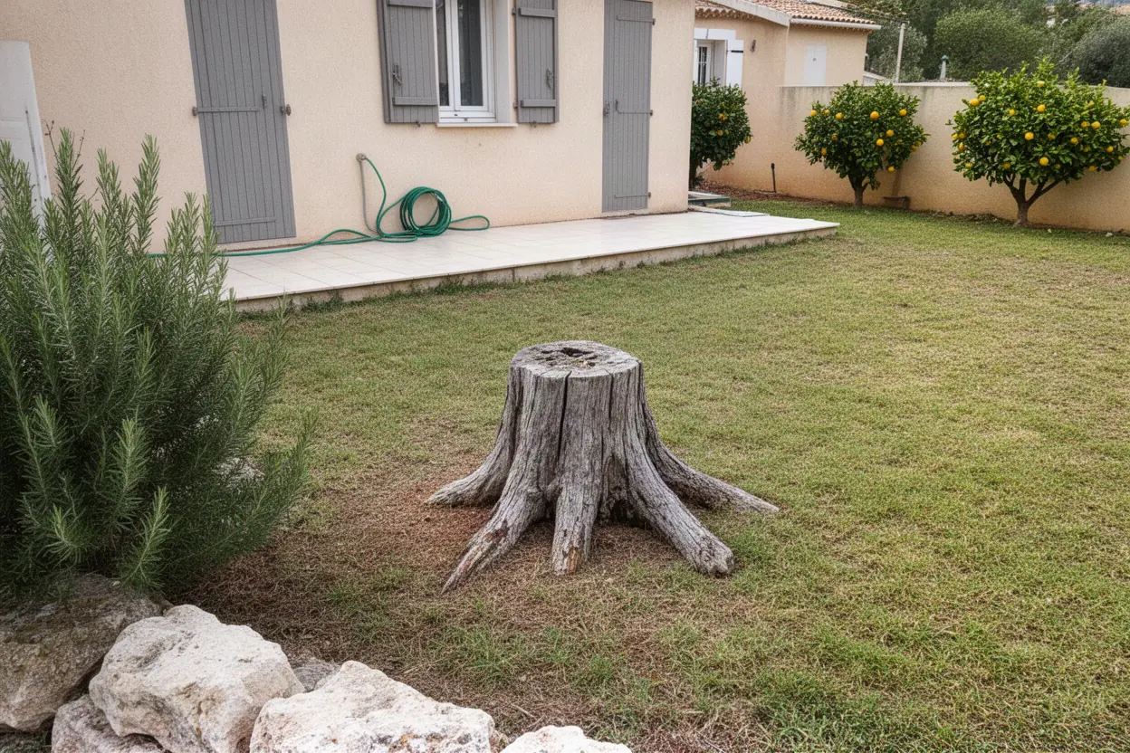 Vieille souche sèche avant dessouchage à Cassis