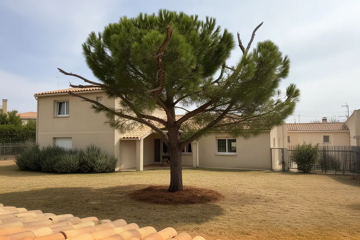 Pin dense touchant une toiture avant élagage à Marignane