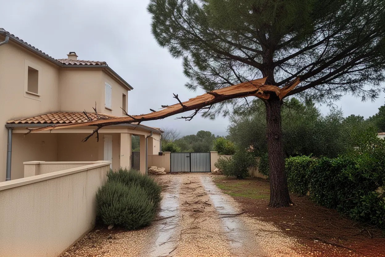 Branche de pin suspendue au-dessus d'une allée à Allauch