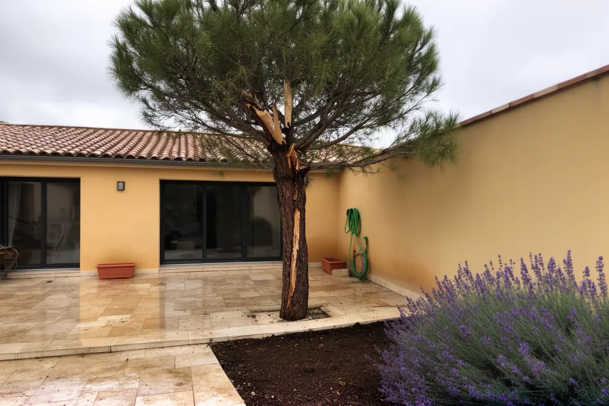 Pin fissuré menaçant une terrasse à Marseille