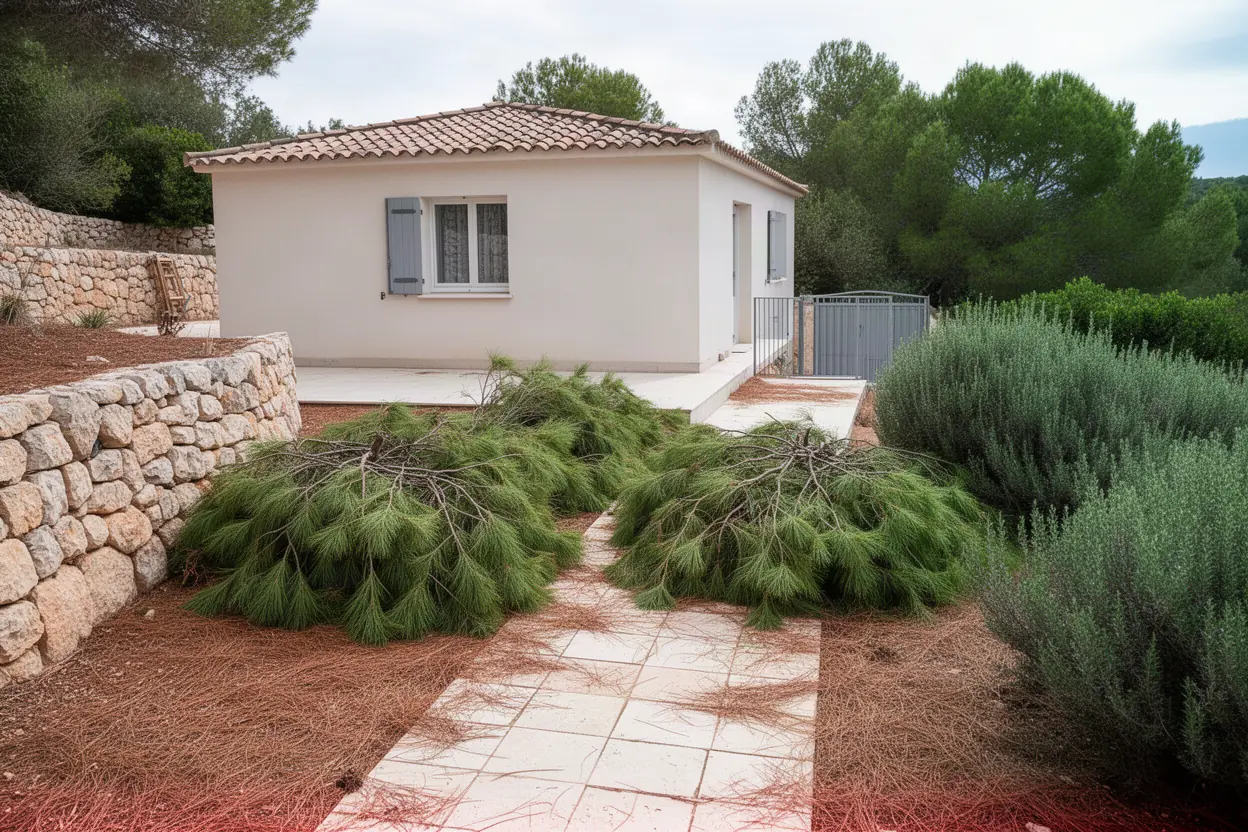 Tas de branches avant ramassage dans un jardin à Cassis