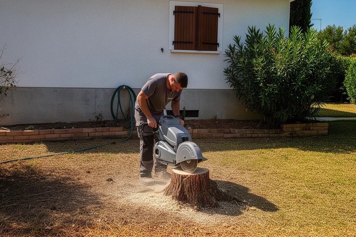 Rogneuse retirant une souche dans un jardin à Marseille