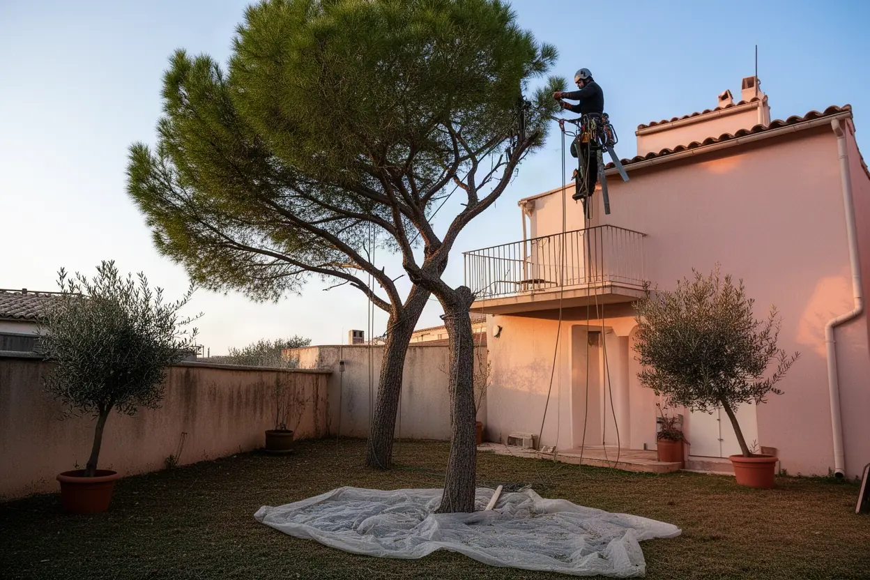 Élagueur taillant un pin dans un jardin à Marseille