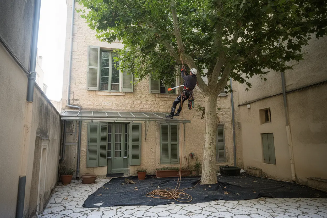 Élagueur grimpeur dans un cyprès à La Pounche