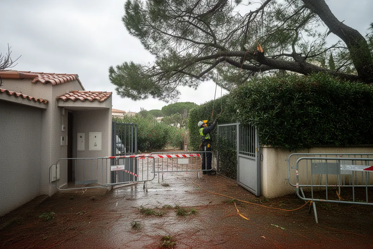 Élagueur sécurisant un arbre après mistral à Marseille