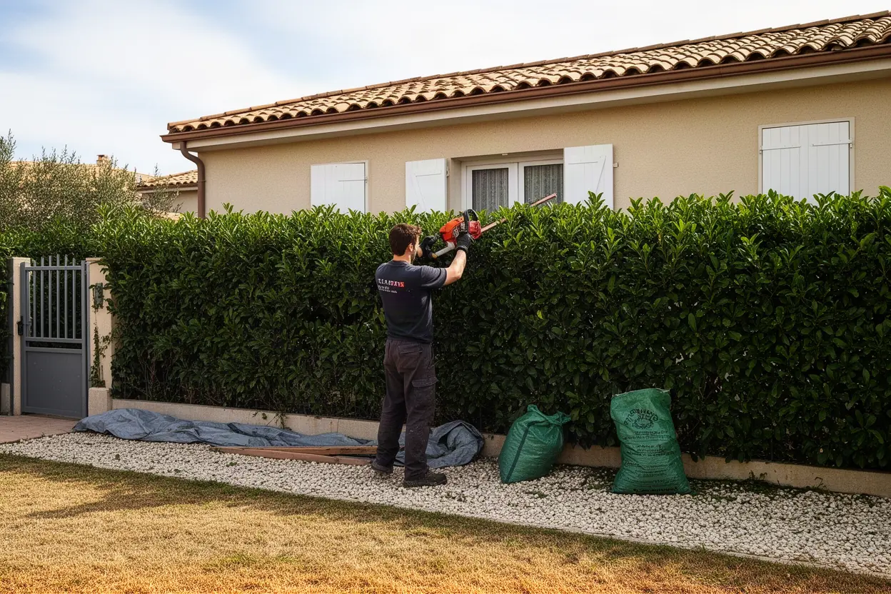 Artisan taillant une haie de cyprès à Allauch